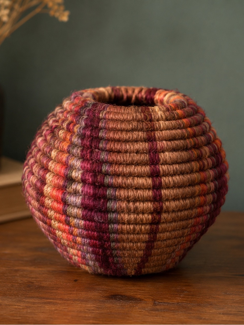 Vintage Handmade Coiled Fiber Basket | Woven Boho Decorative Vessel